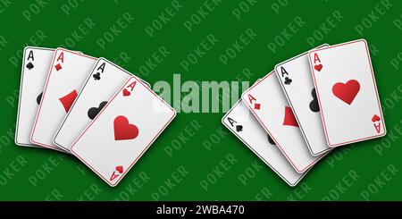Asse mit dem Anzug aus Herzen, Schlägern, Diamanten und Pik. Ein Fan von Karten mit zwei Händen. Vetor-Abbildung. Pokerkonzept. Schwarzer Spieltisch. Stock Vektor