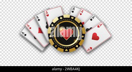 Realistischer Spielchip mit dem Anzug der Herzen, Spielmarken. Fans des Kartenspielens, Ass aller Anzüge. Das Konzept des Poker- oder Casino-Spielens. Vecto Stock Vektor