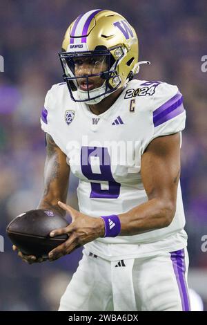 8. Januar 2024: Washington Quarterback Michael Penix Jr. (9) während des College Football Playoff National Championship-Spiels zwischen den Washington Huskies und den Michigan Wolverines im NRG Stadium in Houston, Texas. John Mersits/CSM Stockfoto