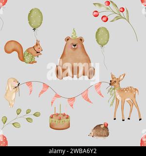 Nahtloses Aquarellmuster mit niedlichen Waldtieren. Süßer Bär, Kitz, Hase, Igel und Eichhörnchen. Zum Geburtstag der Tiere im Wald. Zum Drucken auf Stockfoto