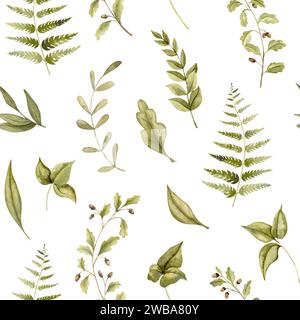 Nahtloses Waldmuster mit grünen Pflanzen. Aquarellhintergrund mit Blättern und Farn für Textildesign oder Geschenkpapier. Botanischer Hintergrund für Hintergrundbilder. Handgezeichnete Abbildung. Stockfoto