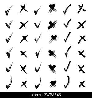 Ja und nein Pinsel Hand gezeichnete Kritzelchen Häkchen und Kreuze Set Kollektion. Mit Bleistift handgezeichnete Häkchen und kleine Kreuze. Scribble, Stiftskizzen. Ve Stock Vektor