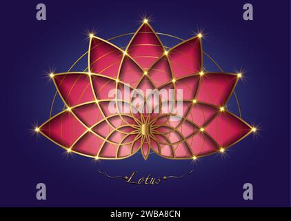 Rote Lotusblüte, Mandala mit heiliger Geometrie, stilisiertes kreisförmiges Ornament, goldenes Blumenlogo. Blumenblüten Symbole von Yoga, Spa, Schönheitssalon, Stock Vektor