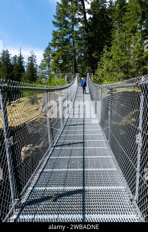 Eine Frau überquert eine Hängebrücke im Wald des Elk Falls Park in der Nähe des Campbell River, British Columbia, Kanada Stockfoto