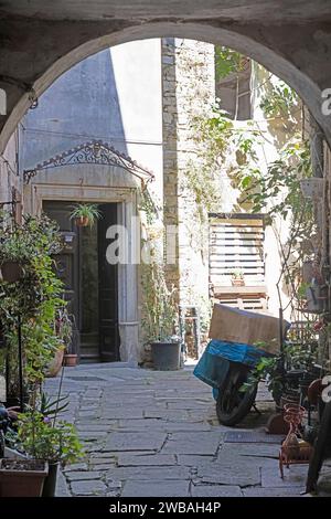 Blick durch einen Torbogen in den Hinterhof eines alten Steingebäudes während des Tages Stockfoto