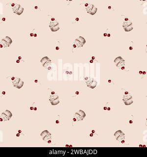 Musterkuchen mit nahtlosem Muster und Süßigkeiten mit Kirsche. Gestalten Sie Urlaub oder Hochzeit in Pastellfarben. Aquarellhandzeichnung Illustration auf isoliertem Stockfoto