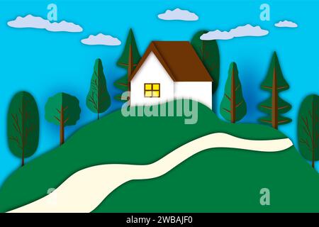 Schöne Form Banner im Stil Papierschnitt für Haus im Dorf auf grüner Wiese, dekorativer Papierschnitt bestehend aus Designelementen Haus im Dorf auf Stock Vektor