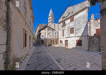 Bild einer typischen Straßenszene aus der historischen kroatischen Stadt Voznjan mit Kopfsteinpflasterstraßen und alten Gebäuden im Morgenlicht Stockfoto