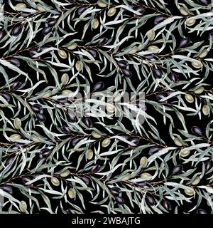 Nahtloses Aquarellmuster mit schwarzen und grünen Oliven und Zweigen. Handgemalte Floral Tapete isolierter Hintergrund für Stoff. Botanik Stockfoto
