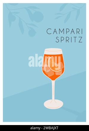 Campari Spritz Cocktail im Glas mit Eis und Orangenscheibe. Italienisches Aperitif-Retro-Poster im Sommer. Wandbild mit alkoholischem Getränk dekoriert mit oder Stock Vektor