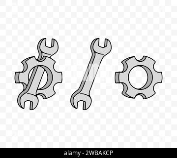 Zahnrad, Zahnrad, Zahnrad, Schraubenschlüssel und Schraubenschlüssel, farbiges grafisches Design. Reparaturwerkstatt, Werkstatt, Autowerkstatt und Autoservice, Vektordesign Stock Vektor