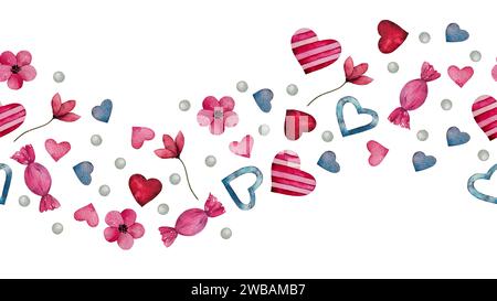 Nahtlose Borte mit Herzen, Süßigkeiten und Blumen in Aquarellen. Handgezeichnete romantische Kunst romantisch zum valentinstag, für Liebeskarten, Hochzeitsdesign Stockfoto