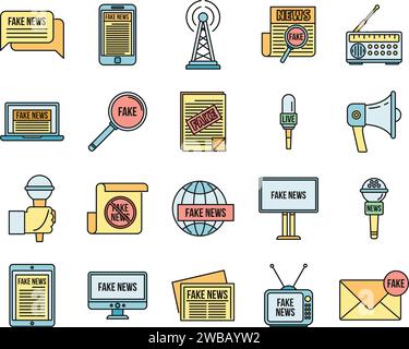Moderne Icons für gefälschte Nachrichten. Kontur Satz von modernen gefälschten Nachrichten Vektor-Icons dünne Linie Farbe flach auf weiß Stock Vektor