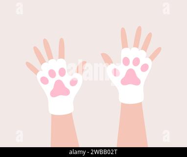 Hände in weißen und rosafarbenen Fäustlingen in Form von Katzenpfoten. Illustration des flachen Vektors Stock Vektor