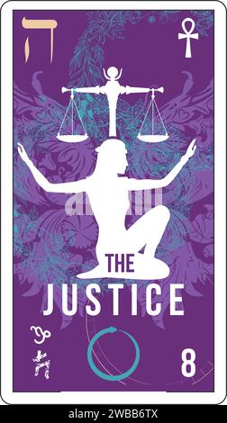 Tarot-Karte Nummer acht, Justiz genannt. Silhouette einer Frau mit offenen Armen und einer Skala. Ägyptisch Stock Vektor