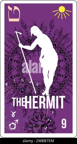 Ägyptische Tarotkarte Nummer neun, Einsiedler genannt. Silhouette von Jesus von Tizian in weiß. Stock Vektor