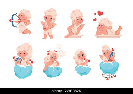 Cupidenengel. Cartoon kleines Baby-Valentinssymbol. Niedlicher Cherub-Charakter mit Schleife und Pfeilen für Grußkarten. Blonde Engelsvermittler auf Wolken Stock Vektor