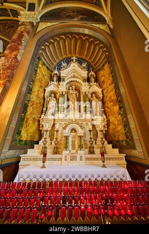 Rote Votivkerzen und kunstvoller Altar im Inneren der Kirche, flacher Blick Stockfoto