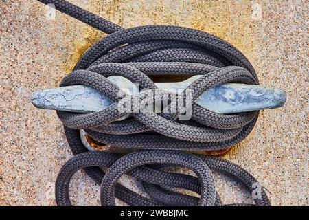 Geflochtenes Seil auf verwittertem Dock Cleat, nautische Details Stockfoto