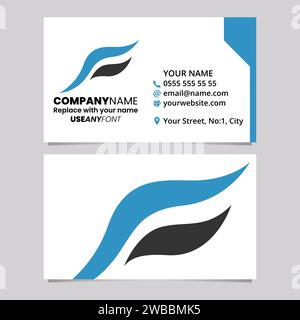 Blaue und schwarze Visitenkartenvorlage mit fliegenden Vogel-förmigem Buchstaben F-Logo auf hellgrauem Hintergrund Stock Vektor