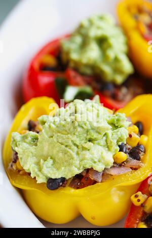 Blick von oben auf vegane gefüllte Paprika. Diese Paprika wurden mit einer südwestlichen Mischung aus Quinoa, Mais, schwarzen Bohnen, Tomaten und Kräutern gefüllt. Stockfoto