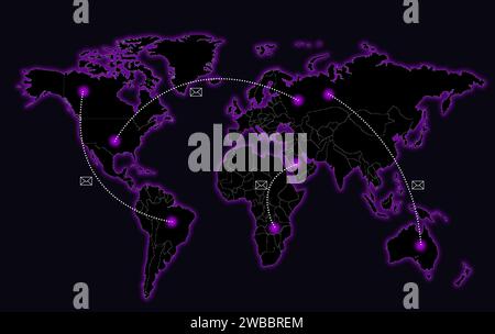 Schnelle Internetverbindung. Weltkarte mit Buchstabensymbolen und verbundenen Punkten auf schwarzem Hintergrund, Abbildung Stockfoto