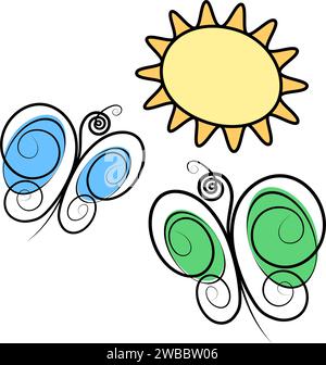 Stilisiertes Bild von Schmetterlingen und Sonne. Set mit 3 Designelementen für Karten und andere verschiedene Verwendungszwecke. Isolieren. EPS. Vektor für Aufkleber, Symbol, Zeiger oder Webposter, Banner, Broschüren, Preisschild oder Etikett Stock Vektor