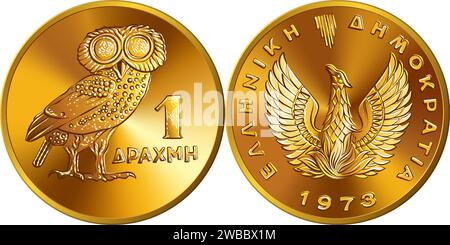 Vektor griechisches Geld, 1 Drachmen-Goldmünze mit Eulen, Vorderseite - legendärer phoenix-Vogel Stock Vektor