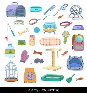 Set mit Haustierzubehör. Elemente von Veterinär- und Heimtierläden, Lebensmittel, Spielzeug, Käfige, Betten. Vektorabbildung Stock Vektor