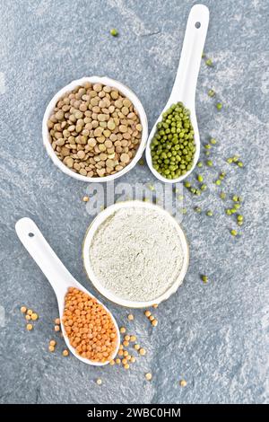 Linsenmehl in der Schüssel, rote, grüne Linsen in Löffeln, braun in der Schüssel, Bohnenstängel mit Blättern auf Steintisch Hintergrund von oben Stockfoto