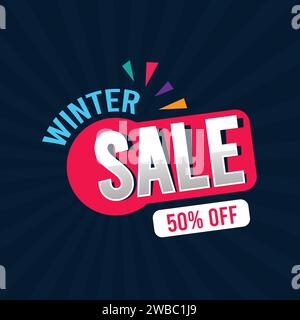 Winter Sale Banner, Angebot, Rabatt Vektor Vorlage Design auf dunklem Hintergrund. Vektor-Banner-Design im Winter-Verkauf. Text zum Rabatt im Winterangebot, Aufkleber Stock Vektor