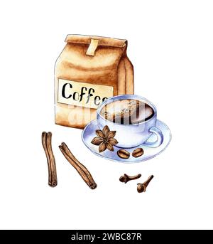 Aquarellillustration einer weißen Tasse mit Kaffee, Bastelbeutel, Zimtstangen, Anis, Nelken. Cafe-Logo isoliert auf weiß. Kompositionen für Poster, Stockfoto