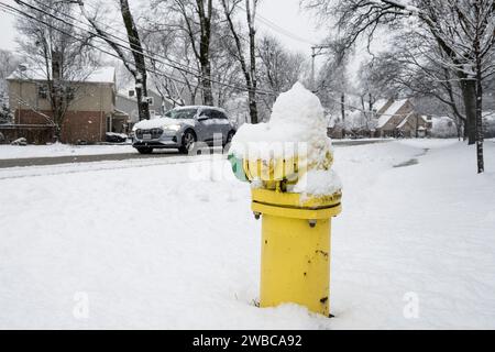 Chicago, USA. 9. Januar 2024. Chicago Wetter : Ein Hydrant ist bedeckt, wenn in den westlichen Vororten Chicagos starker Schnee fällt. Am Ende der Woche wird noch mehr Schnee erwartet, bevor die Temperaturen von -14 °C und darunter deutlich kälter werden. Quelle: Stephen Chung / Alamy Live News Stockfoto