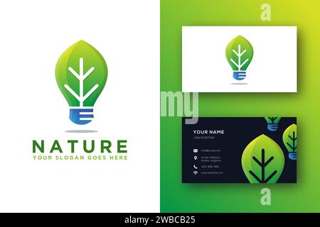 Logo und Visitenkartenvorlage für Blatt- und Leuchtmittel Stock Vektor