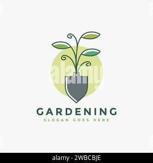 Schaufel- und Pflanzenlogo, Logo für Garten- und Landwirtschaftskonzepte Stock Vektor