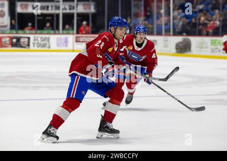 7. Januar 2024: Laval Rocket Stürmer Lias Andersson (28) skatet in der ersten Periode gegen die Utica Comets. Die Utica Comets veranstalteten die Laval Rocket in einem Spiel der American Hockey League im Adirondack Bank Center in Utica, New York. (Jonathan Tenca/CSM) Stockfoto