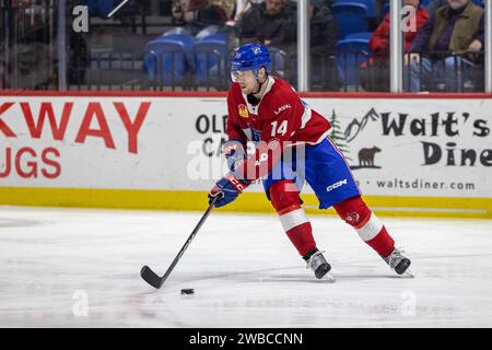 7. Januar 2024: Laval Rocket Stürmer Jan Mysak (14) skatet in der ersten Periode gegen die Utica Comets. Die Utica Comets veranstalteten die Laval Rocket in einem Spiel der American Hockey League im Adirondack Bank Center in Utica, New York. (Jonathan Tenca/CSM) Stockfoto