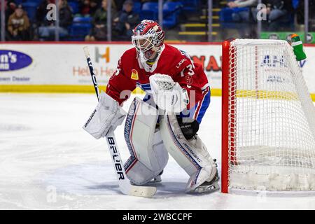 7. Januar 2024: Laval Rocket Torwart Kasimir Kaskisuo (73) läuft in der ersten Periode gegen die Utica Comets. Die Utica Comets veranstalteten die Laval Rocket in einem Spiel der American Hockey League im Adirondack Bank Center in Utica, New York. (Jonathan Tenca/CSM) Stockfoto