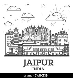 Skizzieren Sie Jaipur India City Skyline mit historischen Gebäuden isoliert auf Weiß. Vektorgrafik. Stadtbild von Jaipur mit Wahrzeichen. Stock Vektor