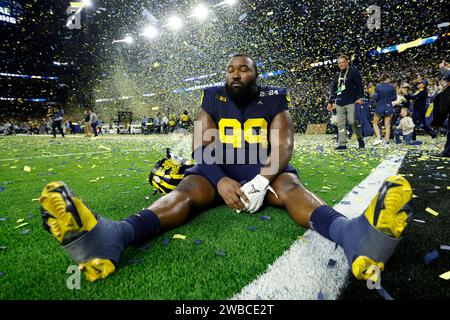 HOUSTON, TX – 08. JANUAR: Michigan Wolverines Defensive Lineman Cam Goode (99) reagiert nach der CFP National Championship gegen die Washington Huskies am 08. Januar 2024 im NRG Stadium in Houston, Texas. (Foto: Joe Robbins/Image of Sport) Stockfoto
