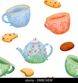 Nahtloses Muster von Keksen, Teekanne und Tasse mit Ornament, isolierte handgezeichnete digitale Aquarellillustration isoliert auf weiß. Englischer Tee, Gesundheit Stockfoto
