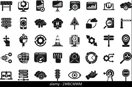 Symbole für die Verkehrsverwaltung legen einen einfachen Vektor fest. Sozialaudit. Web Light-Netzwerk Stock Vektor