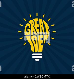Tolle Idee Schriftvektorillustration. Großartige Idee kreative Konzepttypografie auf einem Glühbirnensymbol. Logos für gute oder großartige Ideen für kreative Arbeit. Hand Stock Vektor