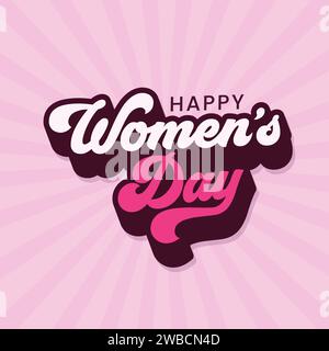 Happy Women's Day Vektor Typografie Illustration auf rosa Retro Hintergrund. Handgezeichneter Schriftzug des Internationalen Frauentags Banner, Poster, Stock Vektor