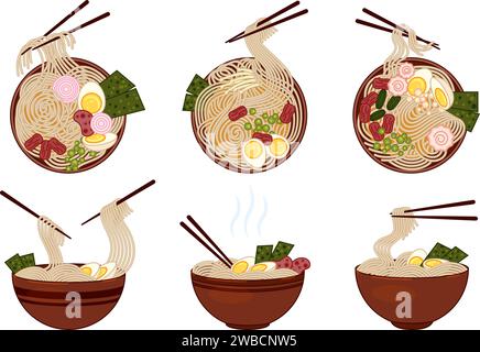 Ramen-Symbole setzen Cartoon-Vektor. Samurai scharf. Schüssel Lebensmittelsuppe Stock Vektor