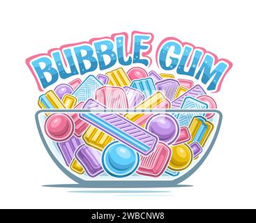Vektor Bubble Gum Schüssel, horizontales Poster mit isoliertem Zeichentrickdesign verschiedene Bubblegum Stillleben, Gruppe viele lebendige Minz-Bubblegums, leckere weiche c Stock Vektor
