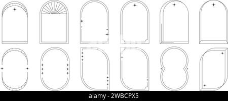 Ästhetische Rahmen und Formen mit Sternen. Grafikdesign mit minimaler Y2K-Kontur und Glitzereffekt. Abstrakte Bogenränder. Trendiges geometrisches Boho-Vorlagenset Stock Vektor