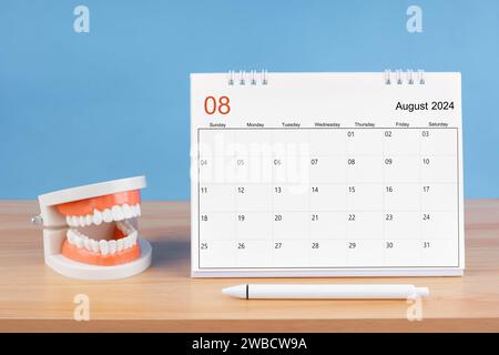 Monatlicher Tischkalender August für 2024 Jahre und Modellprothesen auf dem Tisch. Zahnärztliche Gesundheitskonzepte. Stockfoto