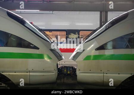 10. Januar 2024, Hessen, Frankfurt/Main: Leere Züge stehen am Hauptbahnhof auf den Gleisen. Die Deutsche Zugführergewerkschaft (GDL) hat ab Mitte der Woche den ersten mehrtägigen Streik im aktuellen Lohnstreit mit der Deutschen Bahn und anderen Unternehmen einberufen. Foto: Helmut Fricke/dpa Stockfoto