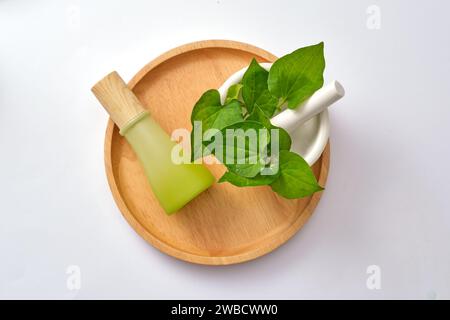 Blick von oben auf die grüne Flasche mit Fisch Minzblättern, Mörtel und Stößel auf hölzernem Tablett auf weißem Hintergrund. Durch die Beruhigung von Zytokinen kann die Minze aus Fisch strenger werden Stockfoto